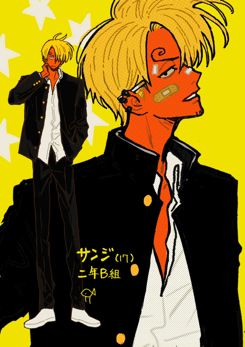 1boy, bandaid, bandaid_on_face, blonde_hair, cigarette, collared_shirt, curly_eyebrows, facial_hair