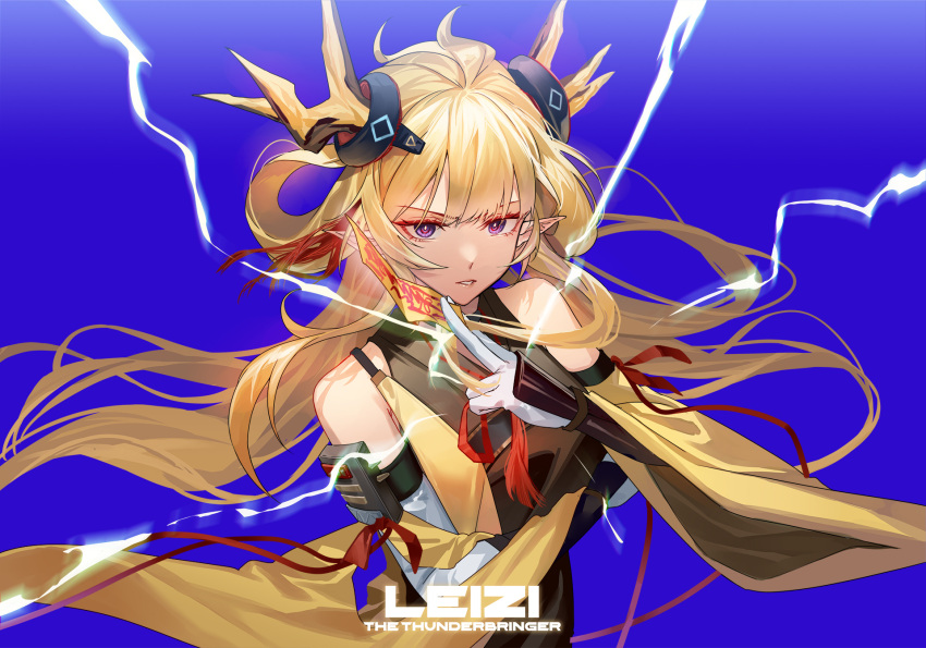 1girl, arknights, armor, bare_shoulders, between_fingers, blonde_hair, blue_background, character_name