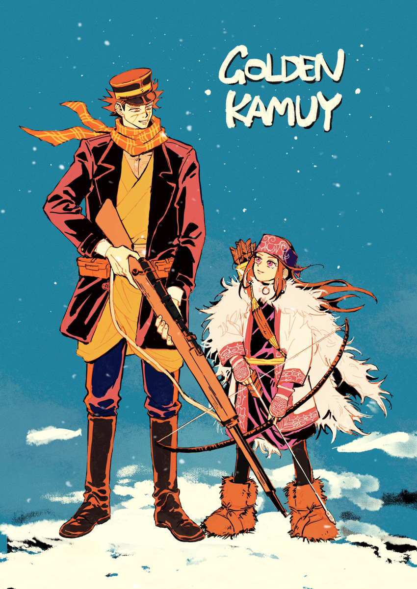 1boy, 1girl, ainu, ainu_clothes, asirpa, belt_pouch, boots, bow_(weapon)