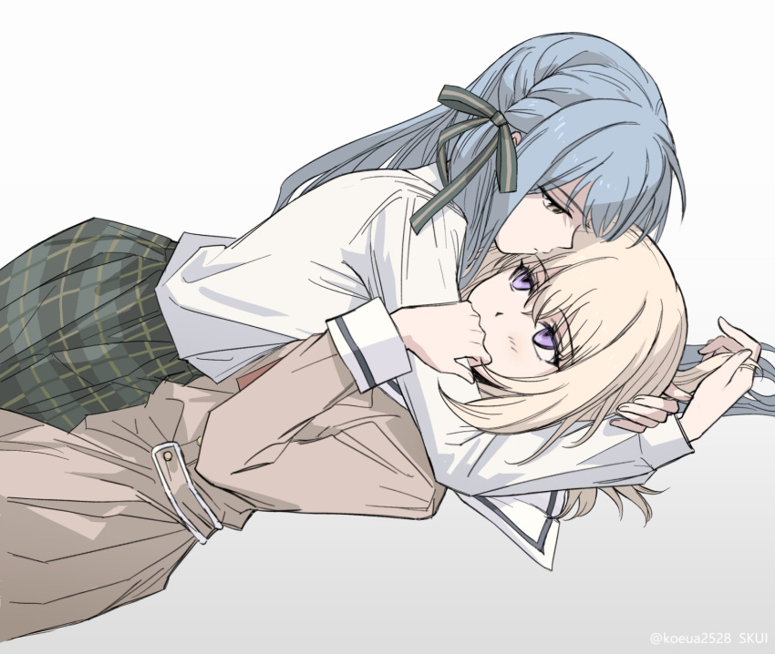 2girls, bang_dream!, bang_dream!_it's_mygo!!!!!, blonde_hair, blue_hair, brown_dress, commentary, dress