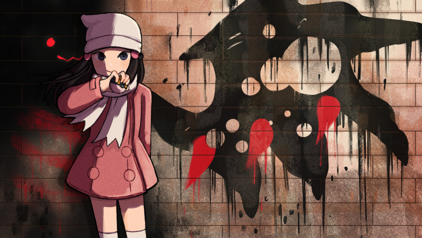 1girl, absurdres, against_wall, angel_with_a_shotgun, arm_behind_back, arm_up, beanie, black_eyes