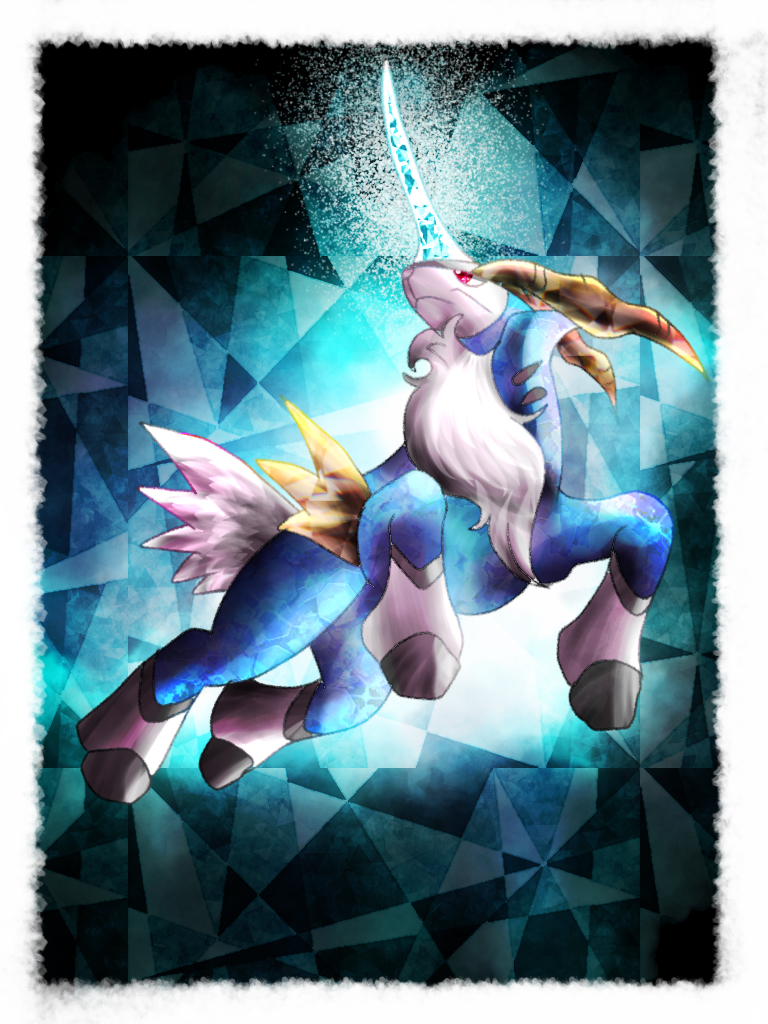 animal_focus, border, closed_mouth, cobalion, commentary_request, eeekanji, full_body, horns