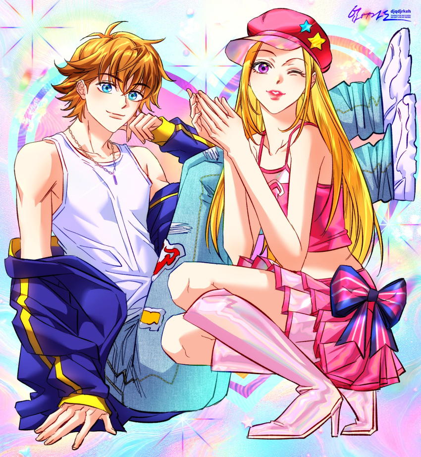 1boy, 1girl, avata_star_sue, bin_(avata_star_sue), blonde_hair, blue_eyes, boots, brown_hair, commentary, crop_top, denim, djqdjrkeh, frilled_skirt, frills, full_body, hat, high_heel_boots, high_heels, highres, jeans, jewelry, korean_commentary, long_hair, necklace, one_eye_closed, pants, pink_hat, pink_shirt, pink_skirt, purple_hair, shirt, shoes, short_hair, skirt, smile, sneakers, squatting, sue_(avata_star_sue), tank_top, white_tank_top