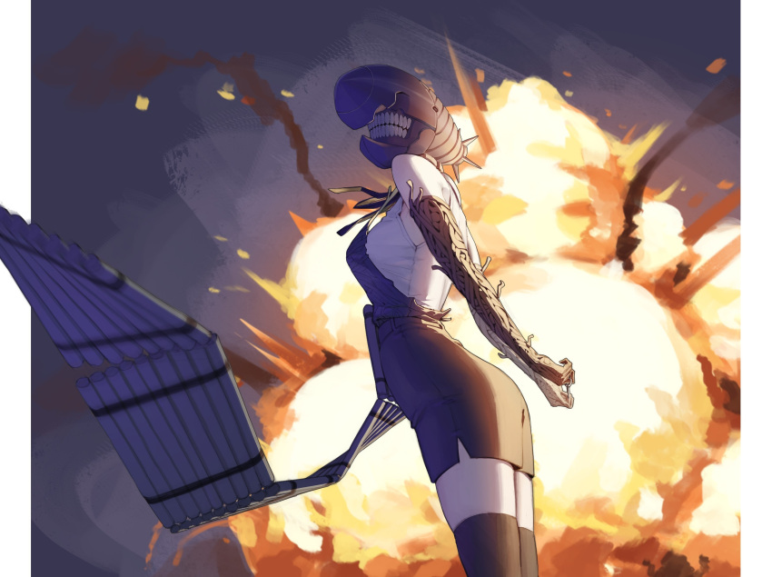 1girl, apron, arms_behind_back, black_apron, black_gloves, black_shorts, black_thighhighs, bomb_devil_(chainsaw_man), breasts, chainsaw_man, dynamite, elbow_gloves, explosion, explosive, gloves, highres, medium_breasts, object_head, shirt, shorts, sleeveless, sleeveless_shirt, solo, teeth, thigh-highs, white_shirt, woottak09