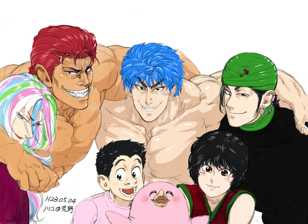 5boys, arm_around_neck, bird, black_hair, blue_hair, blush, coco_(toriko), dated