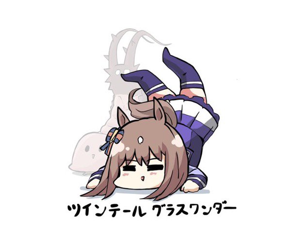 1girl, :>, animal_ears, blush, bow, brown_hair, chibi, closed_eyes, ear_bow, facing_viewer, full_body, full_scorpion, grass_wonder_(umamusume), horse_ears, horse_girl, horse_tail, kawamochi_(tddm3573), legs_up, long_hair, multicolored_hair, no_shoes, parted_lips, pleated_skirt, purple_shirt, purple_skirt, purple_thighhighs, shadow, shirt, simple_background, skirt, solo, striped_bow, tail, thigh-highs, translation_request, triangle_mouth, two-tone_hair, umamusume, upside-down, white_background, white_hair