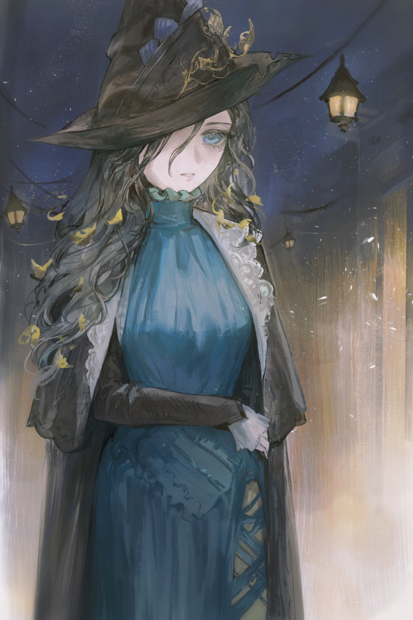 1girl, black_cape, black_hair, black_hat, black_sleeves, blue_dress, blue_eyes, blurry