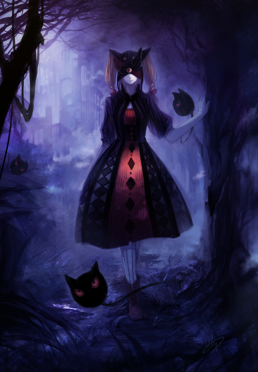 blonde_hair, buranko_(marchen), castle, dress, elbow_gloves, fog, forest, gloves