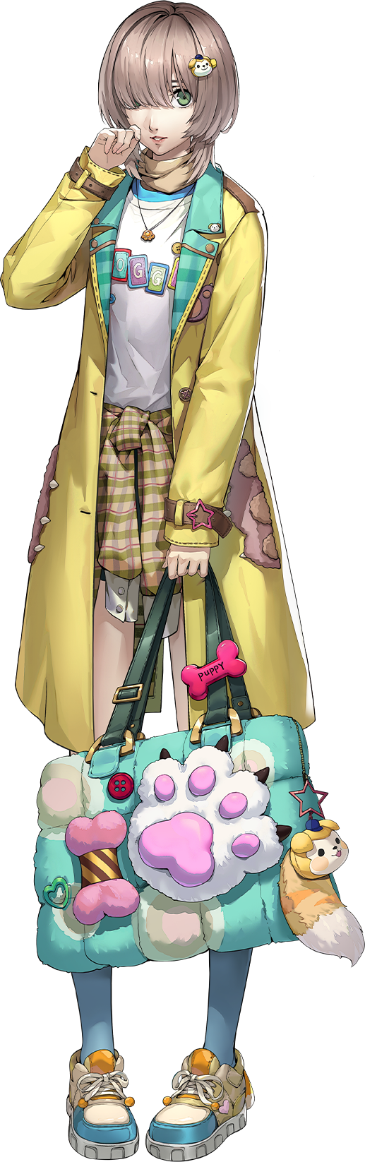 1girl, artist_request, bag, brown_hair, character_hair_ornament, clothes_around_waist, coat, dog_hair_ornament