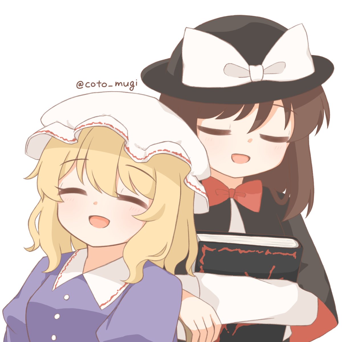 2girls, black_capelet, black_hat, blonde_hair, book, bow, bowler_hat, bowtie