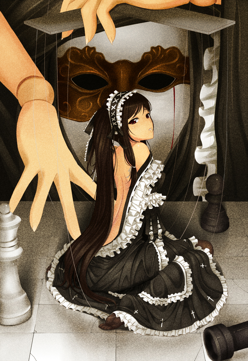 bad_id, bare_back, bare_shoulders, blush, brown_eyes, brown_hair, chess_piece, doll_joints