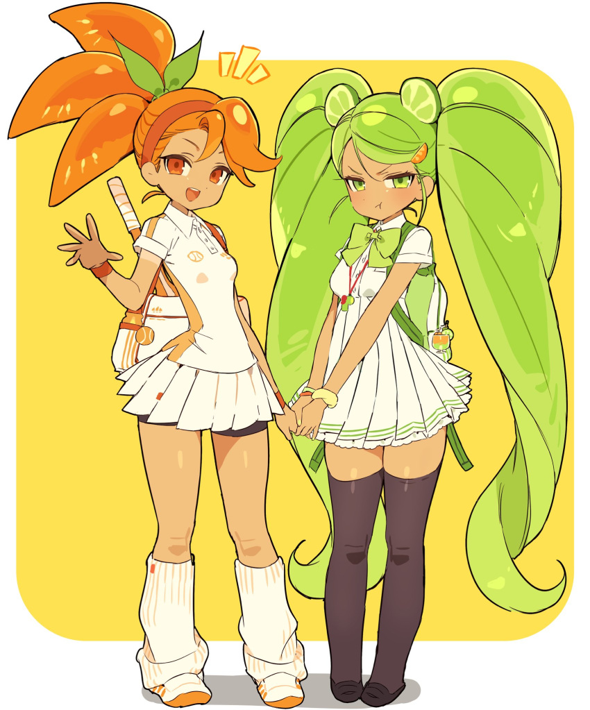 2girls, :d, :t, angry, arm_at_side, asymmetrical_bangs, backpack, bag