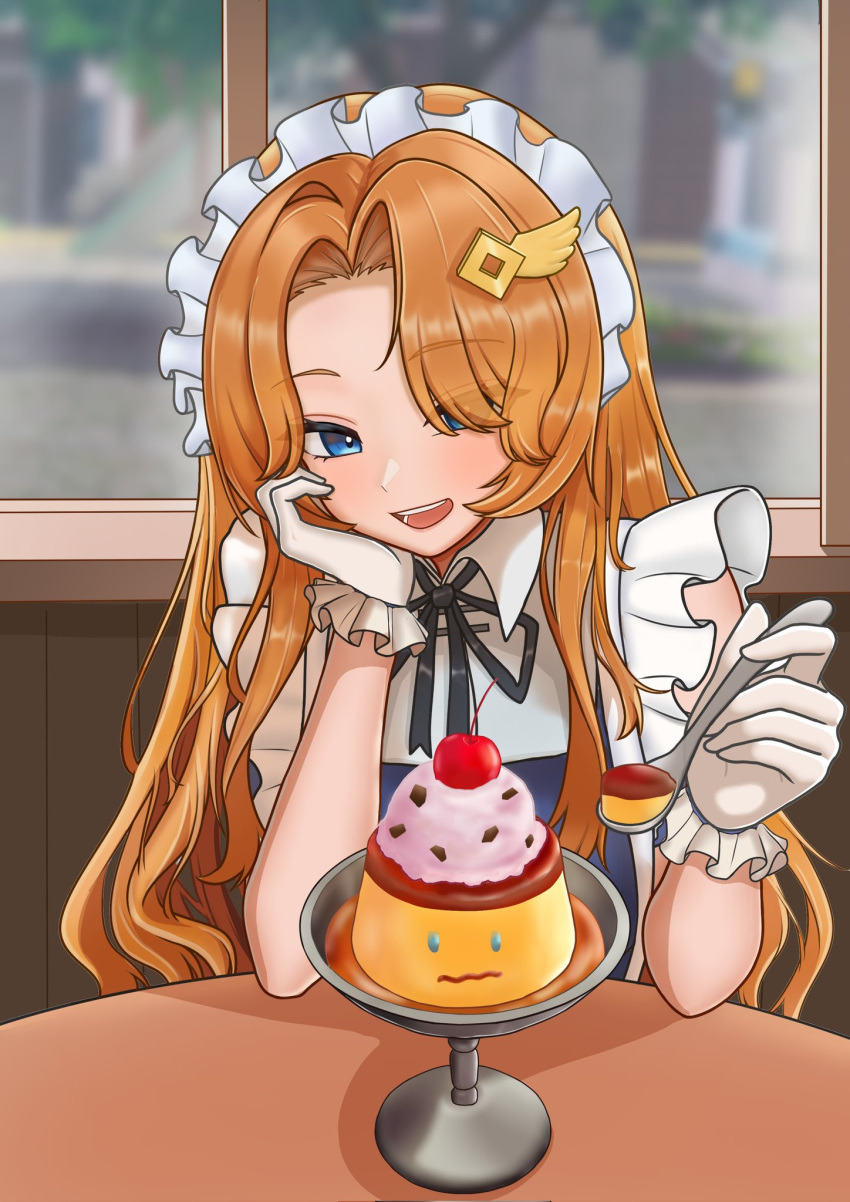 1girl, :d, apron, bare_shoulders, black_ribbon, blue_dress, blue_eyes, blush, brown_hair, cherry, clothing_cutout, collared_shirt, commander_(maid)_(tower_defense_simulator), commander_(tower_defense_simulator), commentary, cup, curtained_hair, day, dodoman0414, dress, elbows_on_table, english_commentary, eyes_visible_through_hair, food, frilled_apron, frilled_gloves, frills, fruit, genderswap, genderswap_(mtf), gloves, hair_ornament, hair_over_one_eye, hair_over_shoulder, hand_on_own_cheek, hand_on_own_face, hands_up, headdress, highres, holding, holding_spoon, incoming_food, indoors, long_hair, looking_at_viewer, maid, maid_apron, maid_headdress, neck_ribbon, official_alternate_costume, official_alternate_hair_color, official_alternate_hairstyle, open_mouth, pov, pudding, ribbon, roblox, round_table, shirt, short_sleeves, shoulder_cutout, smile, solo, spoon, table, teeth, tongue, tower_defense_simulator, tree, upper_body, very_long_hair, white_apron, white_gloves, white_headdress, white_shirt, window