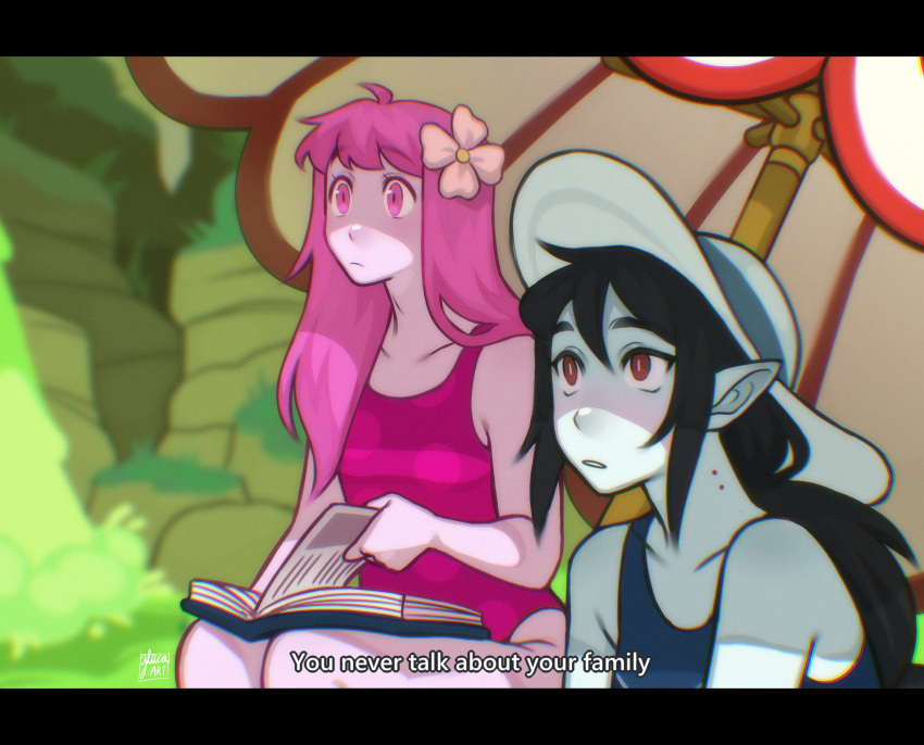 2girls, absurdres, adventure_time, beach_umbrella, bite_mark, black_hair, blurry, blurry_background