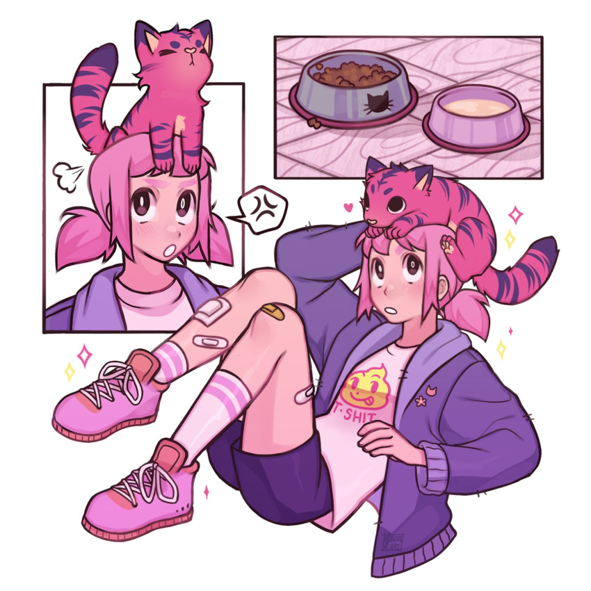 1girl, anger_vein, animal_on_head, bandaid, bandaid_on_face, bandaid_on_leg, bowl, cat, cat_on_head, colored_skin, commentary, english_commentary, fart, gluca, hair_ornament, highres, low_twintails, on_head, original, pet_bowl, pink_hair, pink_shoes, pink_skin, purple_shorts, shoes, short_shorts, shorts, sparkle, spoken_anger_vein, twintails, violet_eyes