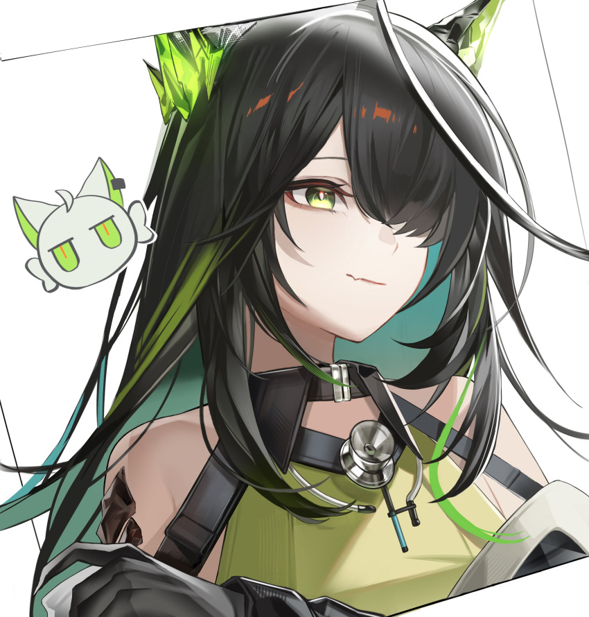 1girl, absurdres, ahoge, arknights, bare_shoulders, black_collar, black_hair, black_jacket