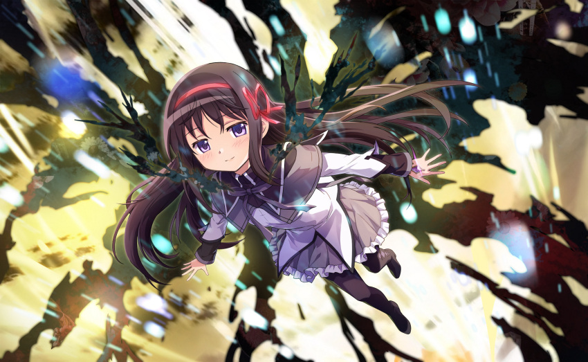 1girl, akemi_homura, argyle_clothes, argyle_footwear, artist_request, black_boots, black_capelet, black_hair