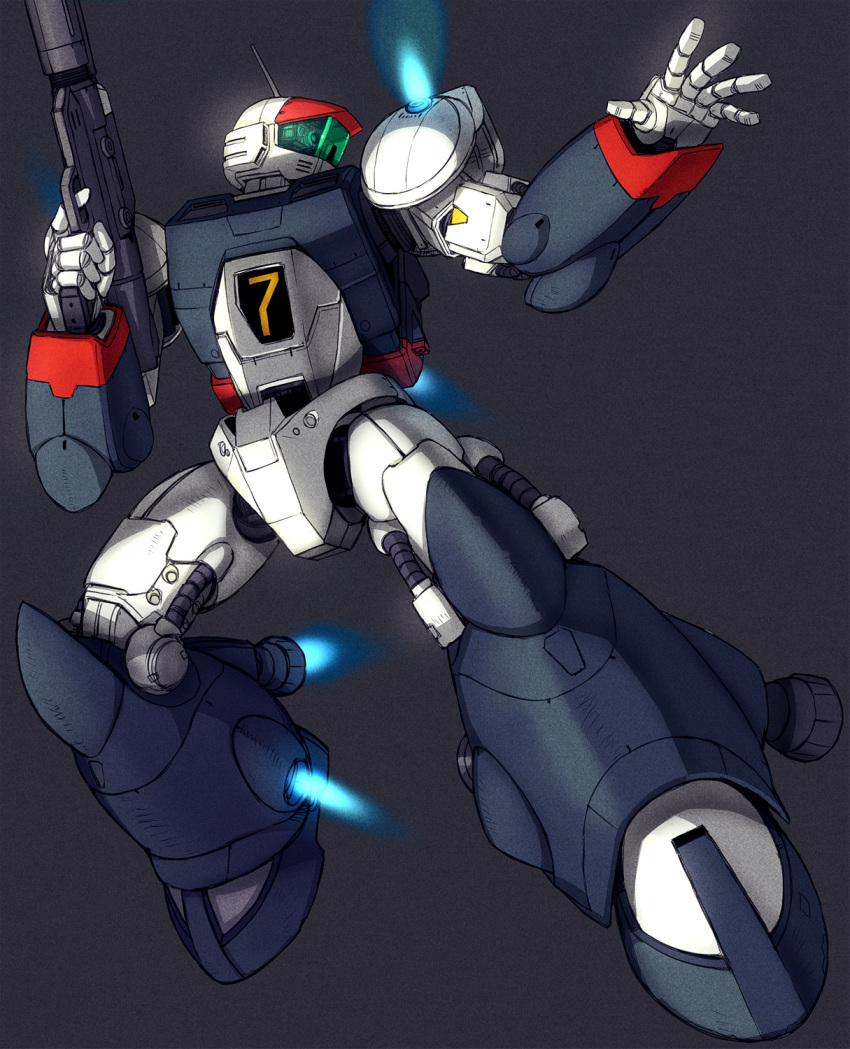 assault_visor, commentary_request, exhaust, ginga_hyouryuu_vifam, green_visor, grey_background, gun, highres, holding, holding_gun, holding_weapon, itou_(onsoku_tassha), mecha, mecha_focus, no_humans, robot, round_vernian, science_fiction, simple_background, thrusters, vernier_thrusters, vifam, weapon