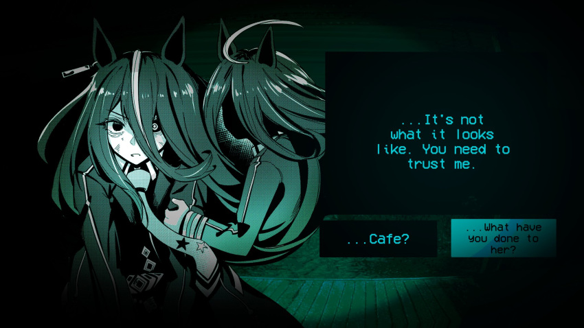2girls, ahoge, animal_ears, black_coat, black_hair, coat, dark, dialogue_box