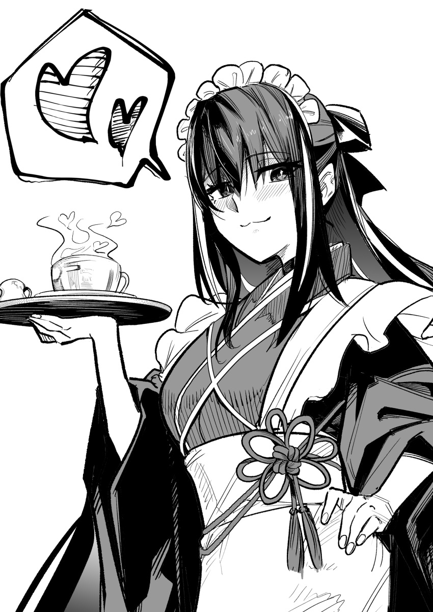 1girl, absurdres, apron, fate/grand_order, fate_(series), greyscale, heart, highres