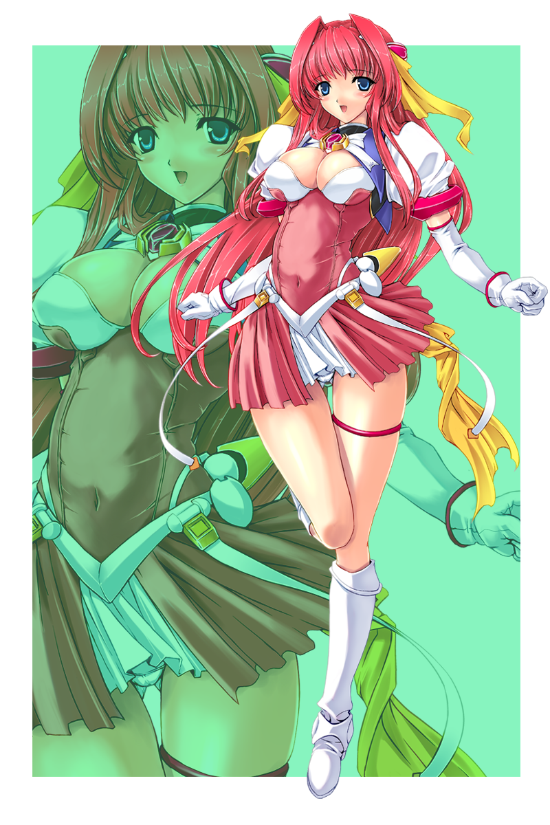 blue_eyes, blush, boots, breasts, escalayer, gloves, hair_intakes, hair_ribbon