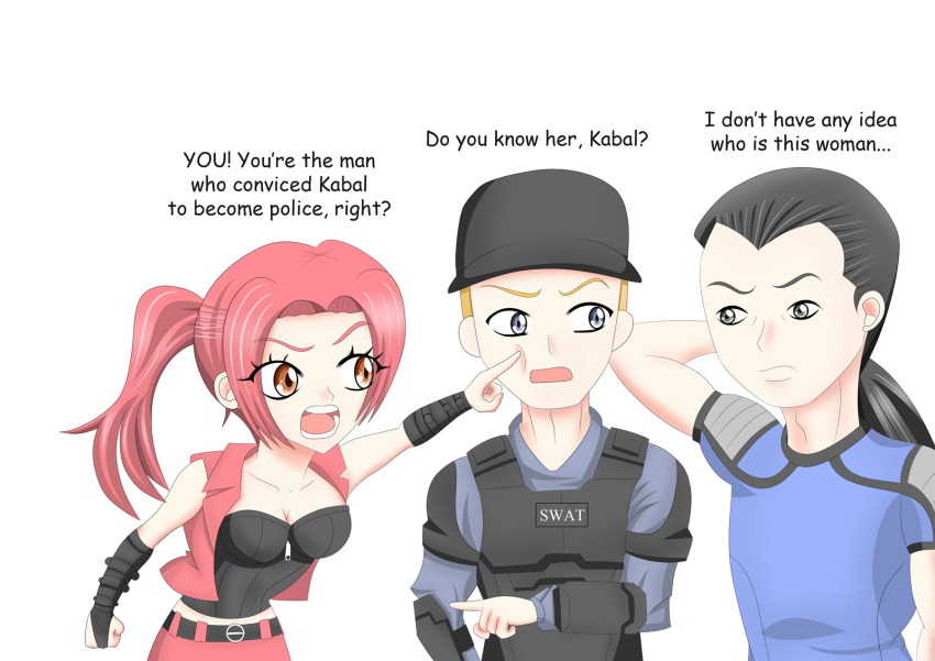 1girl, 2boys, alenawal, black_hair, blonde_hair, cap, english_text, kabal