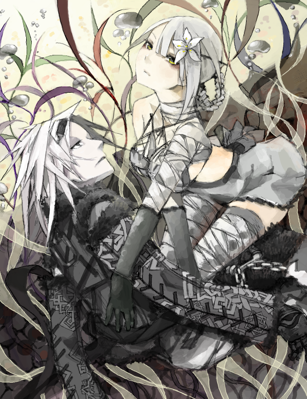 bandage, braid, flower, gloves, hair_flower, hair_ornament, kaine_(nier), nier