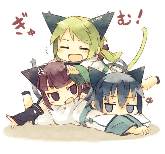 :d, animal_ears, black_eyes, black_hair, blonde_hair, blue_eyes, blue_hair, cat_ears, cat_tail, chibi, closed_eyes, detached_sleeves, dogpile, eyes_closed, multiple_girls, namo_(goodbyetears), open_mouth, original, short_hair, smile, tail
