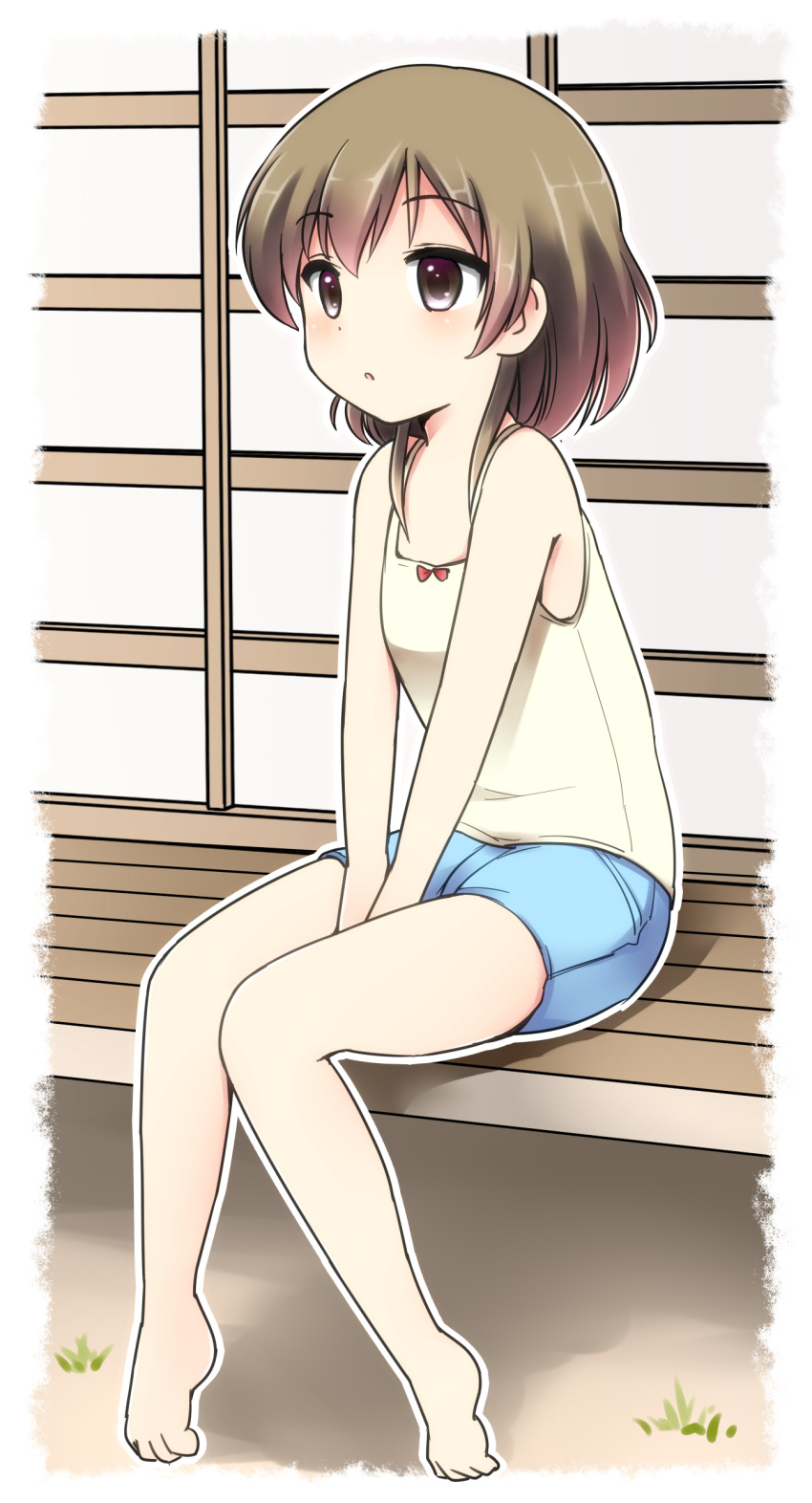 1girl, :o, absurdres, aged_down, bare_arms, bare_legs, bare_shoulders, barefoot