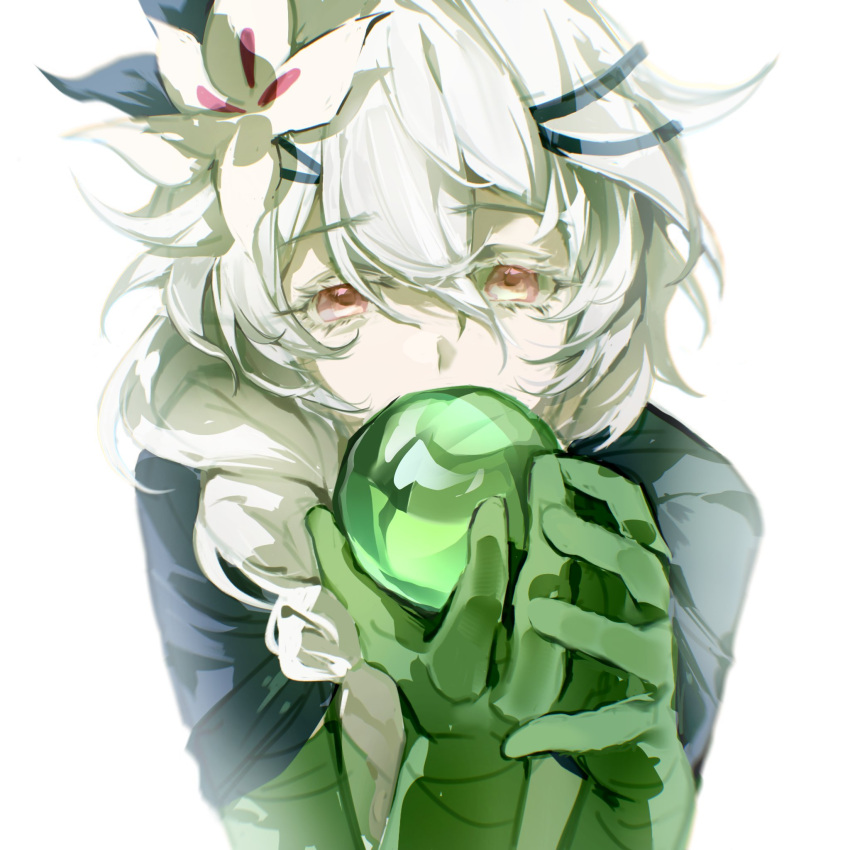 1girl, braid, calla_lily, cape, closed_mouth, colored_eyelashes, cookie_run, cookie_run:_kingdom, dress, flower, green_cape, green_dress, hair_flower, hair_ornament, highres, holding, humanization, long_hair, looking_at_viewer, red_eyes, simple_background, solo, very_long_hair, white_background, white_eyelashes, white_flower, white_hair, white_lily, white_lily_cookie, yaojingwangchudi