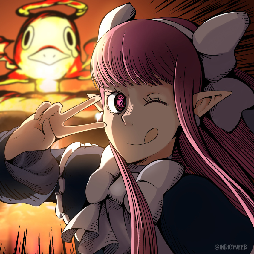 1girl, artist_name, black_capelet, bow, capelet, crying, crying_with_eyes_open, disgaea