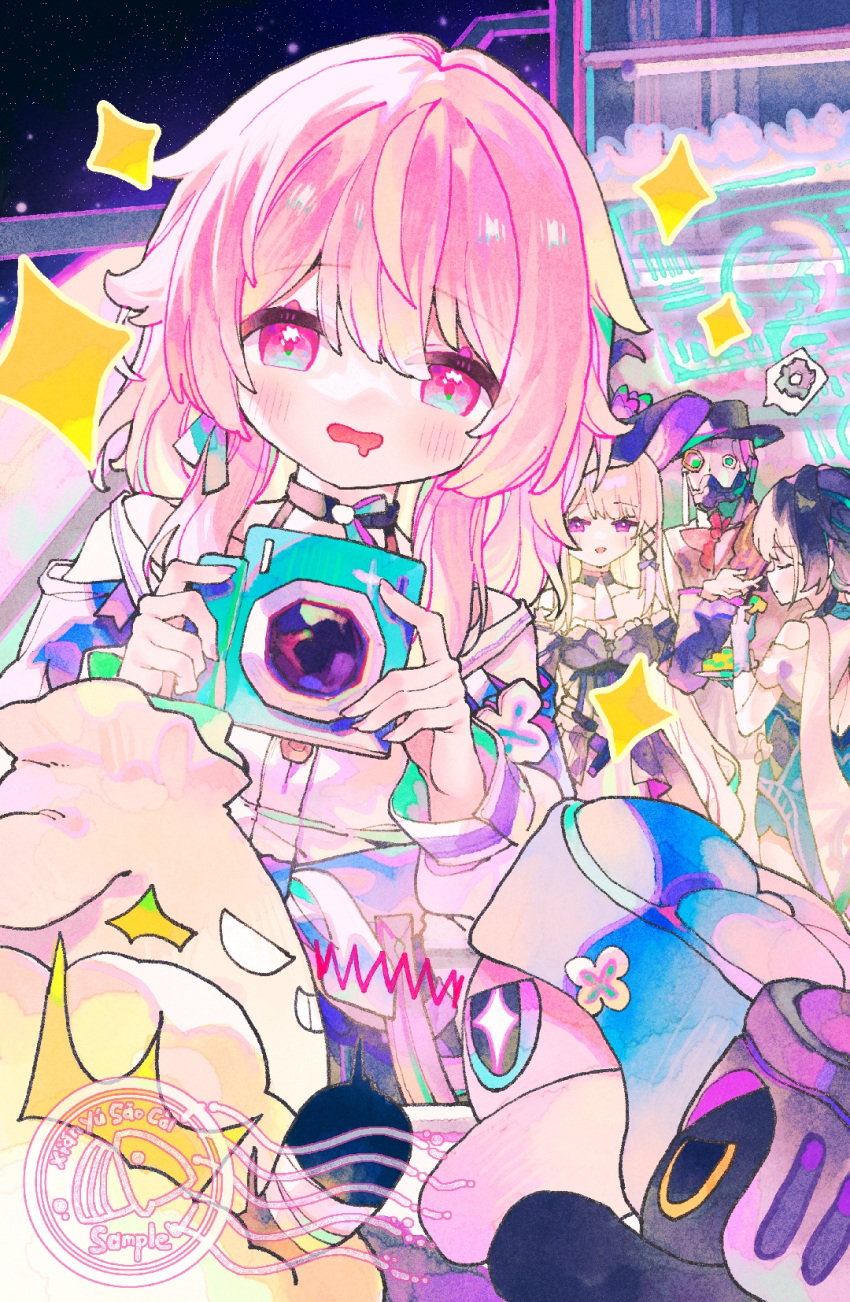 1boy, 3girls, artist_name, black_choker, blue_eyes, blue_jacket, bra_strap, buttons