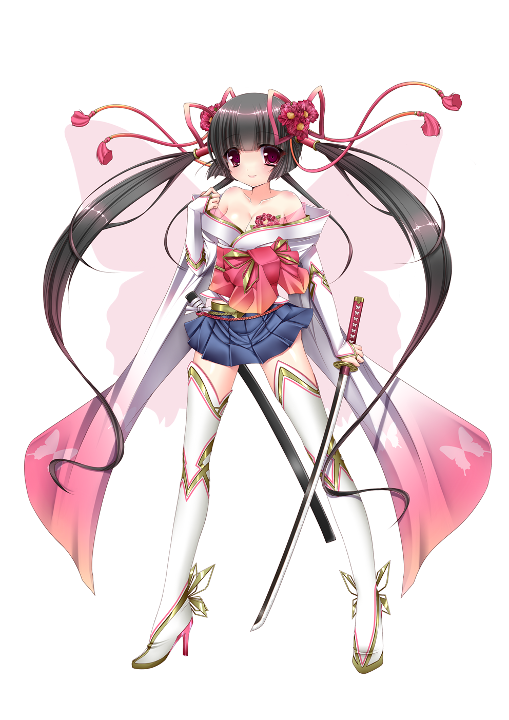 black_hair, boots, breasts, butterfly_wings, cleavage, flower, hair_flower, hair_ornament