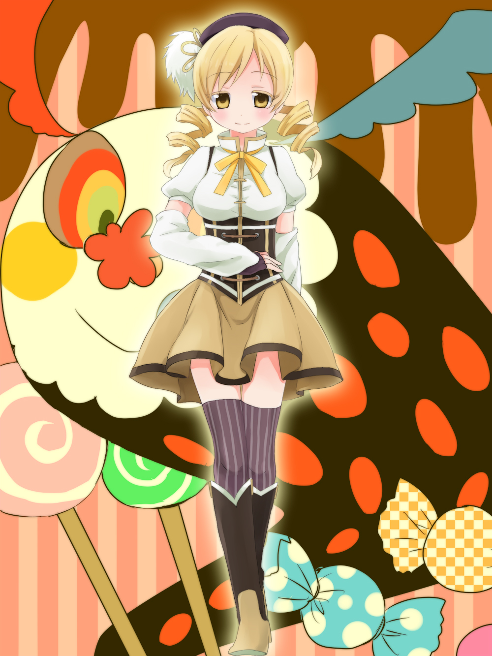 blonde_hair, boots, breasts, candy, charlotte_(madoka_magica), corset, detached_sleeves, drill_hair