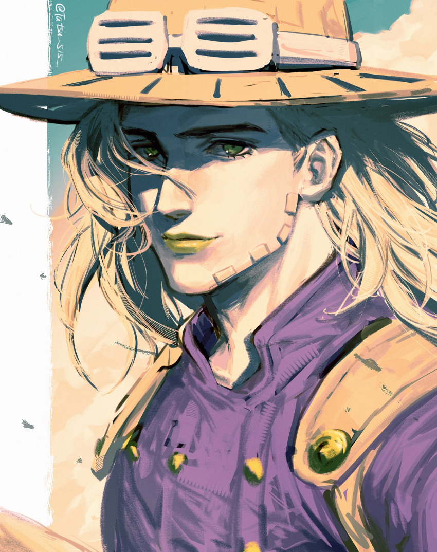 1boy, absurdres, beard, bishounen, blonde_hair, brown_hat, closed_mouth, cowboy_hat