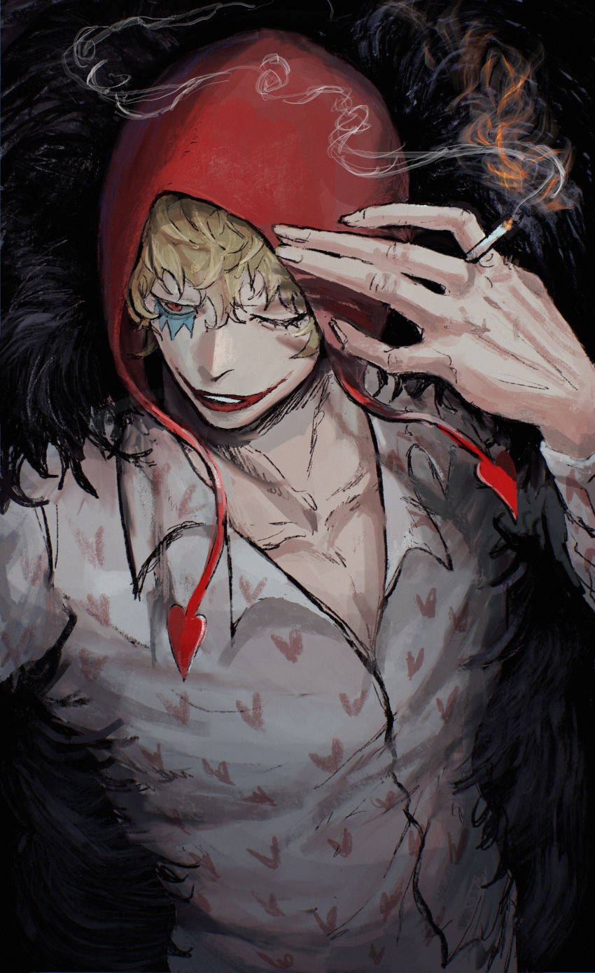 1boy, absurdres, blonde_hair, cigarette, clown, coat, coat_on_shoulders, commentary_request
