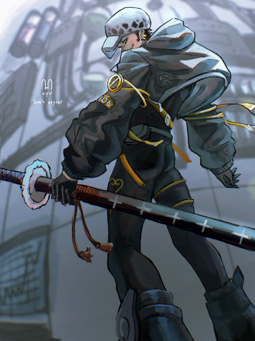 1boy, absurdres, black_boots, black_hair, black_pants, blurry, blurry_background, boots