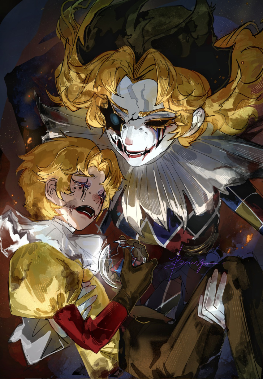 2boys, blonde_hair, brown_gloves, brown_pants, carrying, closed_eyes, clown, colored_eyelashes