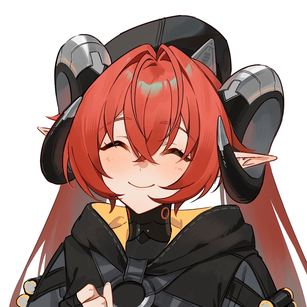 1girl, antenna_hair, beret, blush, chinese_commentary, closed_eyes, fingerless_gloves, gloves, hair_intakes, hat, horns, orphie_magnusson, pointy_ears, simple_background, smile, solo, twintails, upper_body, white_background, yanlou, zenless_zone_zero
