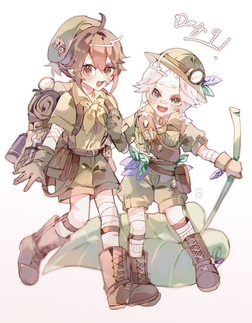 2boys, :d, ahoge, alternate_costume, backpack, bag, bandaged_arm, bandaged_leg