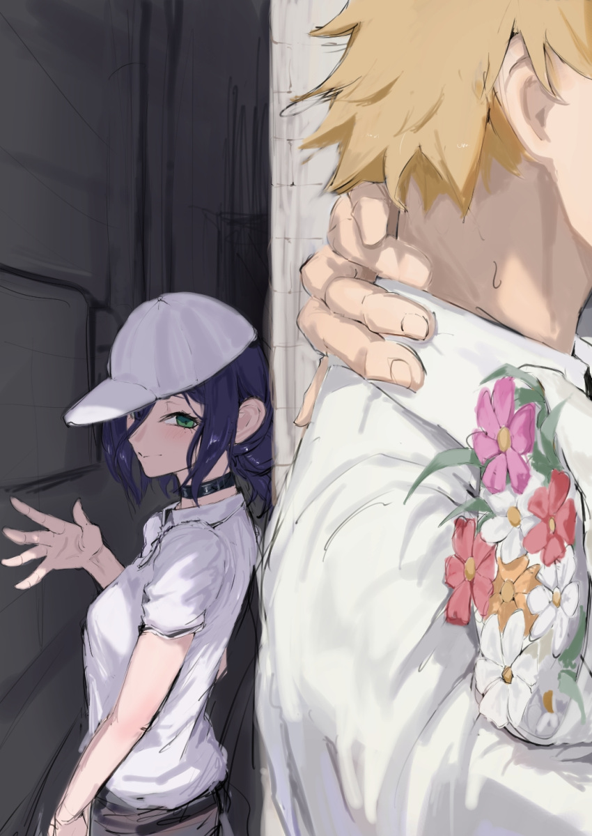 1boy, 1girl, alley, baseball_cap, black_choker, black_shorts, blonde_hair, bouquet