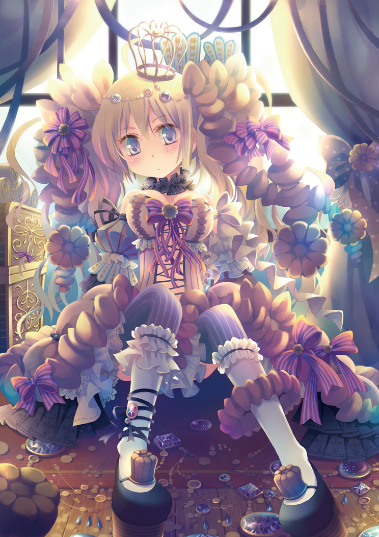 blonde_hair, bow, breasts, canele, choker, crown, drill_hair, food_themed_clothes, gem, hair_bow, long_hair, original, personification, purple_eyes, solo, thigh-highs, thighhighs, vertical-striped_legwear, vertical_stripes, violet_eyes, window, yamadori_yoshitomo