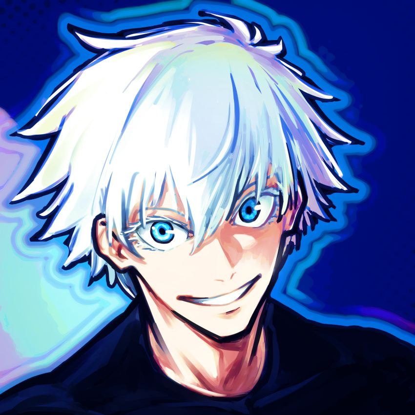 1boy, absurdres, black_shirt, blue_eyes, colored_eyelashes, gojou_satoru, grin, highres