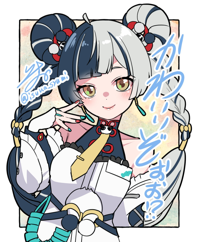 1girl, artist_name, bare_shoulders, black_hair, blush, braid, china_dress, chinese_clothes