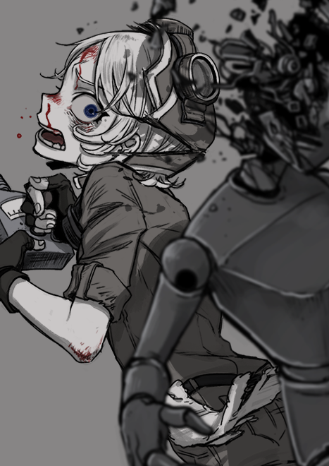 1girl, blood, blood_on_face, blue_eyes, fingerless_gloves, gloves, identity_v, injury