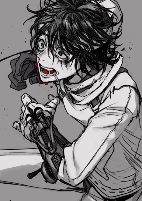 1boy, black_hair, blood, drooling, emil_(identity_v), gloves, green_eyes, identity_v