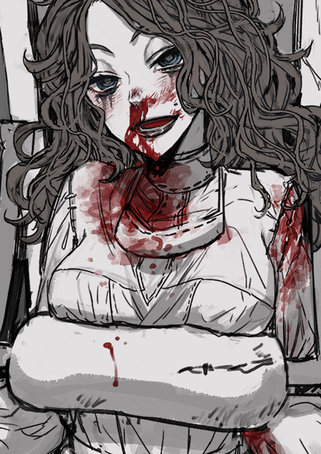 1girl, :d, ada_mesmer, blood, blood_on_clothes, blood_on_face, blue_eyes, grin