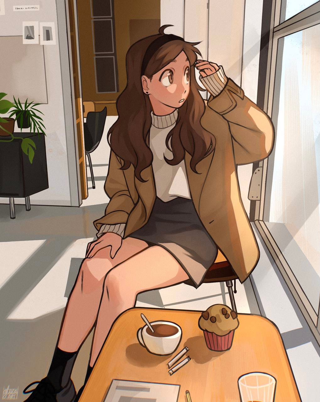 1girl, ahoge, black_hairband, black_shoes, black_skirt, black_socks, brown_coat, brown_eyes