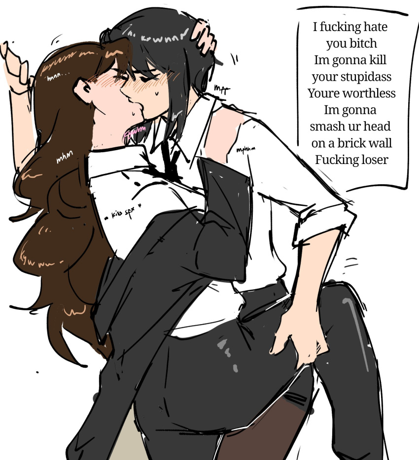 2girls, azumanga_daioh, black_hair, black_pants, brown_hair, english_text, highres, kiss
