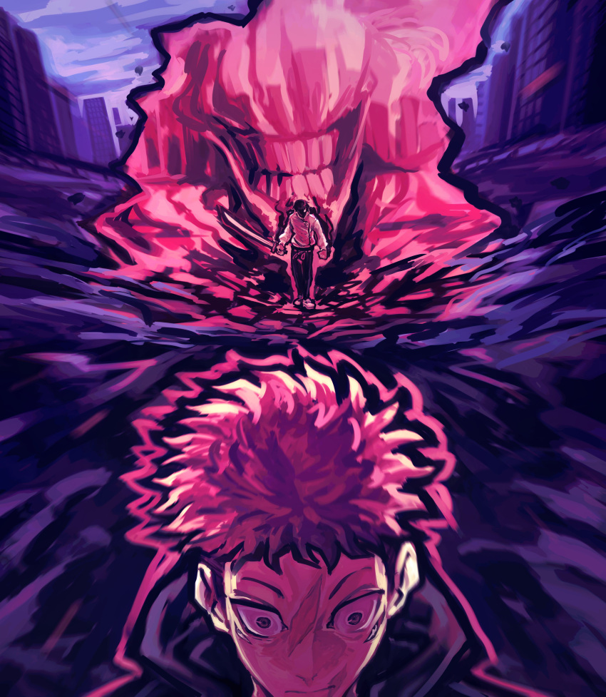 2boys, absurdres, aura, cityscape, clenched_teeth, closed_mouth, cursed_energy_(jujutsu_kaisen), glowing